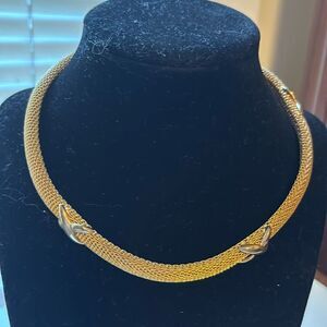 Vintage Gold Tone Mesh Choker Necklace Band with small x detailing